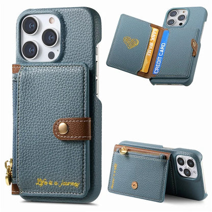 Y4 For iPhone 16 Pro Max Case Zipper Pocket Leather+TPU Phone Cover Card Holder Kickstand