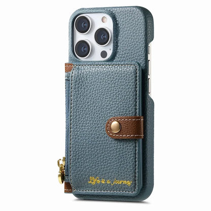 Y4 For iPhone 16 Pro Max Case Zipper Pocket Leather+TPU Phone Cover Card Holder Kickstand