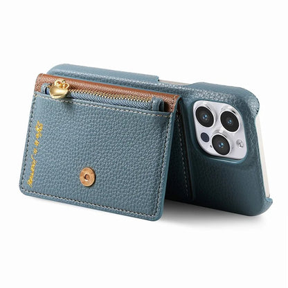 Y4 For iPhone 16 Pro Max Case Zipper Pocket Leather+TPU Phone Cover Card Holder Kickstand