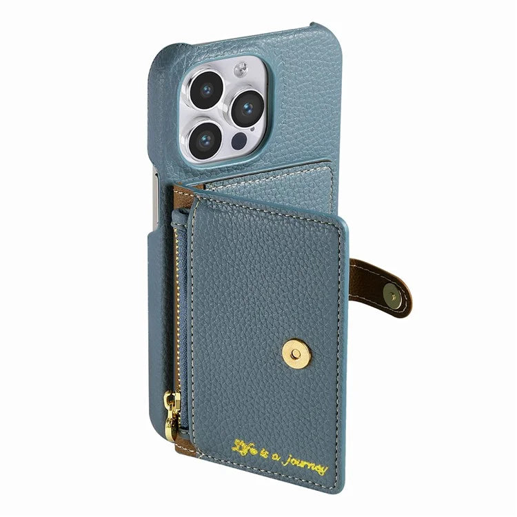 Y4 For iPhone 16 Pro Max Case Zipper Pocket Leather+TPU Phone Cover Card Holder Kickstand