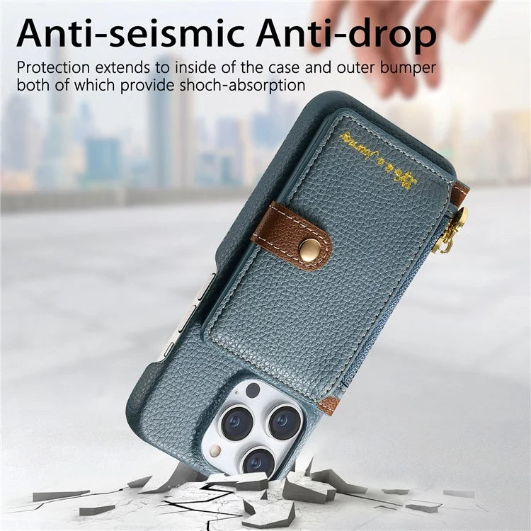 Y4 For iPhone 16 Pro Max Case Zipper Pocket Leather+TPU Phone Cover Card Holder Kickstand
