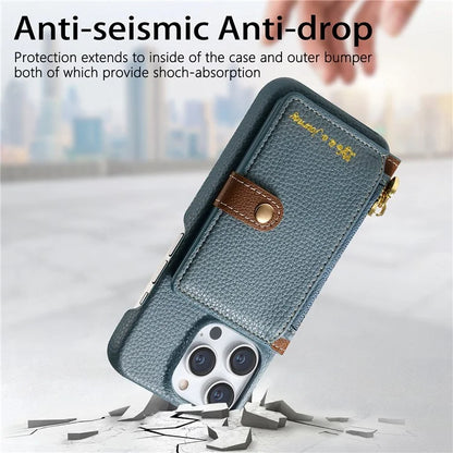 Y4 For iPhone 16 Pro Max Case Zipper Pocket Leather+TPU Phone Cover Card Holder Kickstand
