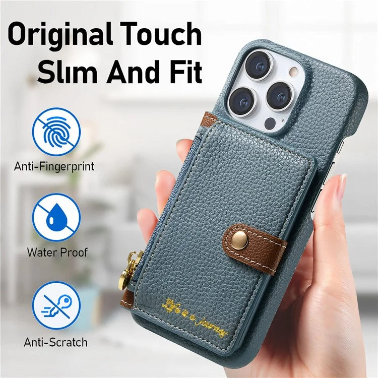 Y4 For iPhone 16 Pro Max Case Zipper Pocket Leather+TPU Phone Cover Card Holder Kickstand