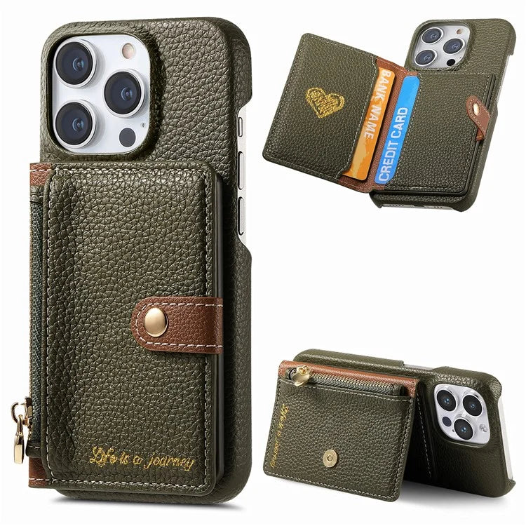Y4 For iPhone 16 Pro Max Case Zipper Pocket Leather+TPU Phone Cover Card Holder Kickstand