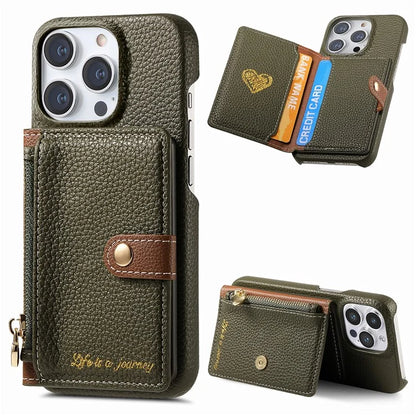 Y4 For iPhone 16 Pro Max Case Zipper Pocket Leather+TPU Phone Cover Card Holder Kickstand