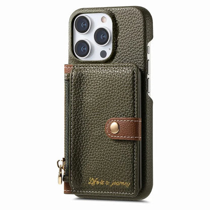 Y4 For iPhone 16 Pro Max Case Zipper Pocket Leather+TPU Phone Cover Card Holder Kickstand