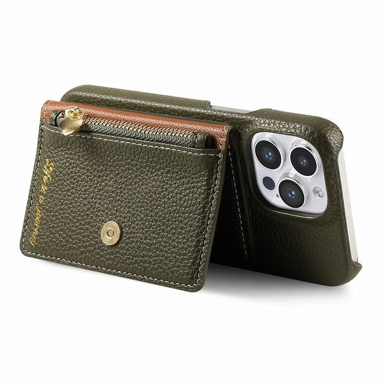 Y4 For iPhone 16 Pro Max Case Zipper Pocket Leather+TPU Phone Cover Card Holder Kickstand