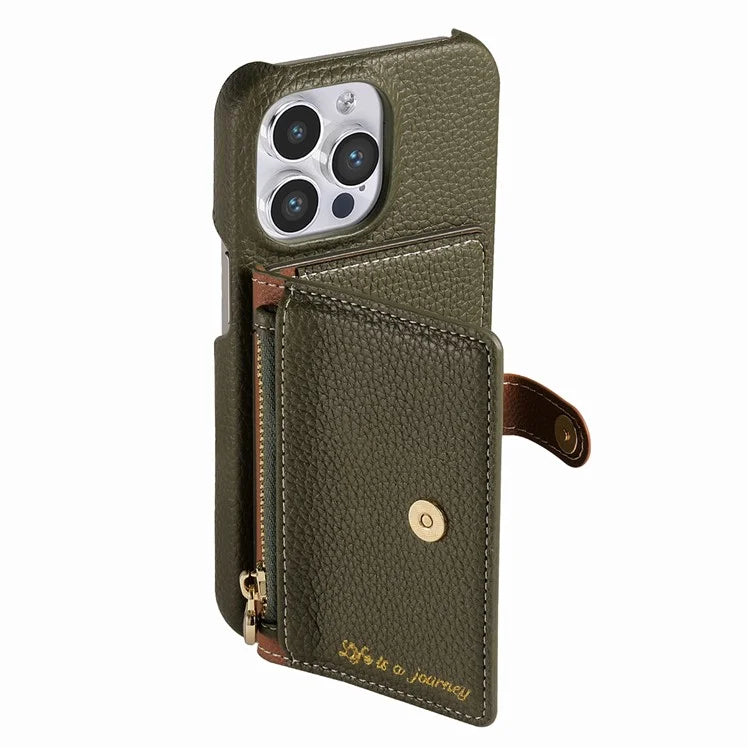 Y4 For iPhone 16 Pro Max Case Zipper Pocket Leather+TPU Phone Cover Card Holder Kickstand