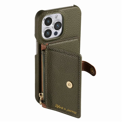 Y4 For iPhone 16 Pro Max Case Zipper Pocket Leather+TPU Phone Cover Card Holder Kickstand
