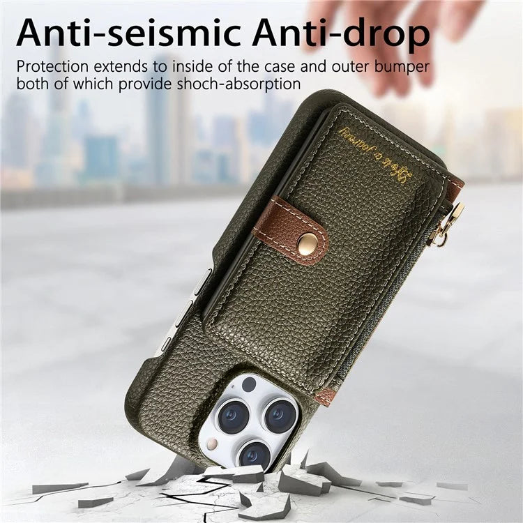 Y4 For iPhone 16 Pro Max Case Zipper Pocket Leather+TPU Phone Cover Card Holder Kickstand