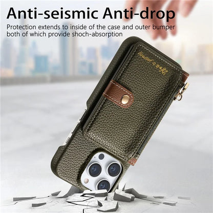 Y4 For iPhone 16 Pro Max Case Zipper Pocket Leather+TPU Phone Cover Card Holder Kickstand
