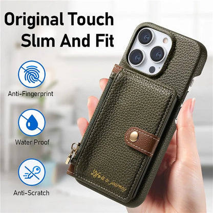 Y4 For iPhone 16 Pro Max Case Zipper Pocket Leather+TPU Phone Cover Card Holder Kickstand