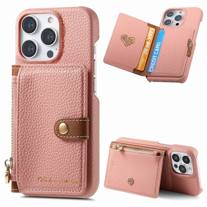 Y4 For iPhone 16 Pro Max Case Zipper Pocket Leather+TPU Phone Cover Card Holder Kickstand