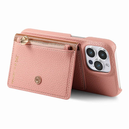 Y4 For iPhone 16 Pro Max Case Zipper Pocket Leather+TPU Phone Cover Card Holder Kickstand