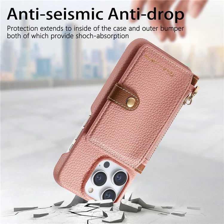 Y4 For iPhone 16 Pro Max Case Zipper Pocket Leather+TPU Phone Cover Card Holder Kickstand