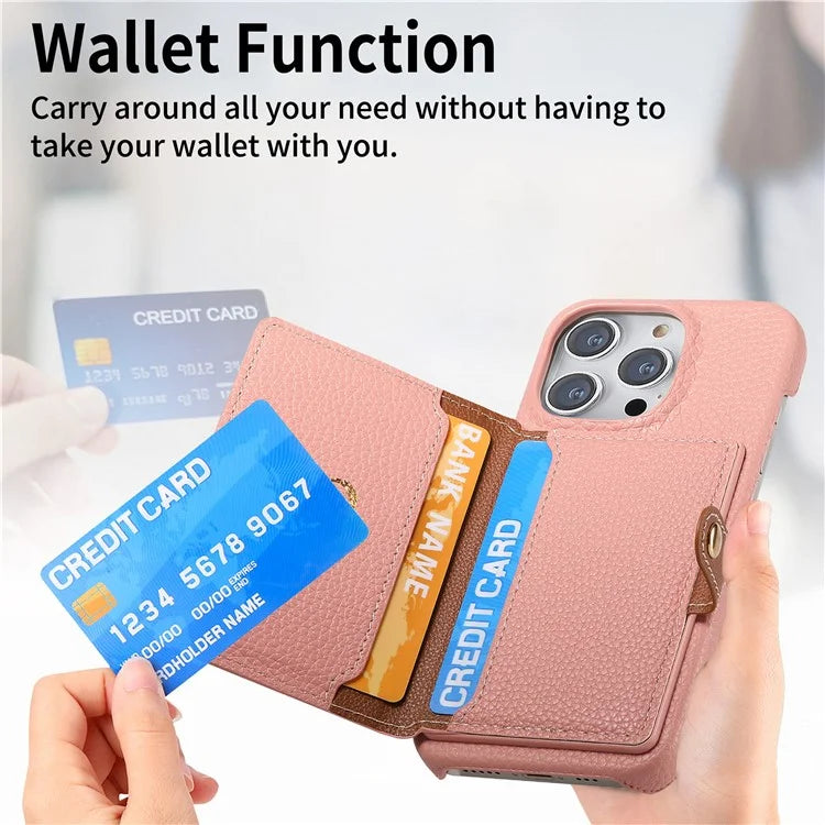Y4 For iPhone 16 Pro Max Case Zipper Pocket Leather+TPU Phone Cover Card Holder Kickstand