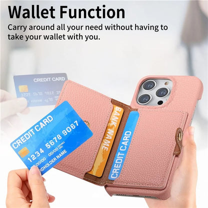 Y4 For iPhone 16 Pro Max Case Zipper Pocket Leather+TPU Phone Cover Card Holder Kickstand