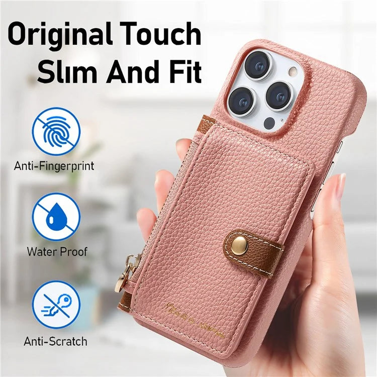 Y4 For iPhone 16 Pro Max Case Zipper Pocket Leather+TPU Phone Cover Card Holder Kickstand