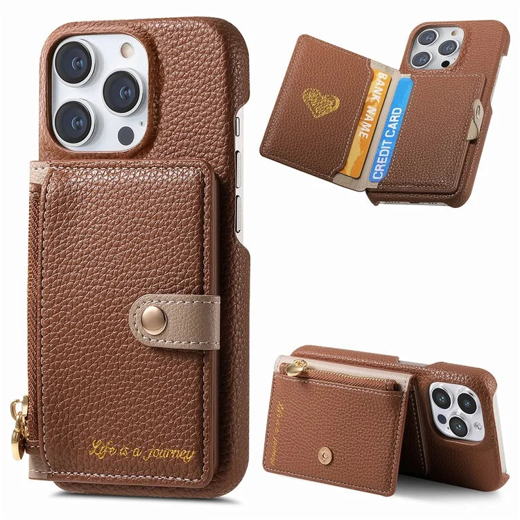 Y4 For iPhone 16 Pro Max Case Zipper Pocket Leather+TPU Phone Cover Card Holder Kickstand