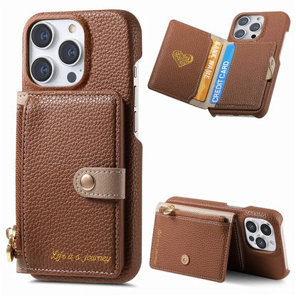 Y4 For iPhone 16 Pro Max Case Zipper Pocket Leather+TPU Phone Cover Card Holder Kickstand