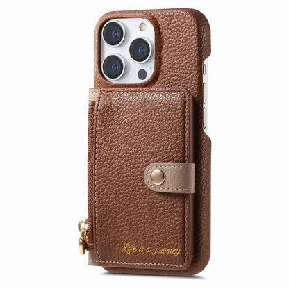 Y4 For iPhone 16 Pro Max Case Zipper Pocket Leather+TPU Phone Cover Card Holder Kickstand