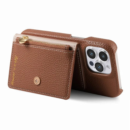 Y4 For iPhone 16 Pro Max Case Zipper Pocket Leather+TPU Phone Cover Card Holder Kickstand