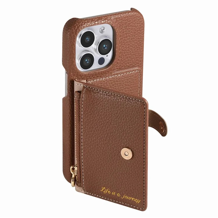 Y4 For iPhone 16 Pro Max Case Zipper Pocket Leather+TPU Phone Cover Card Holder Kickstand