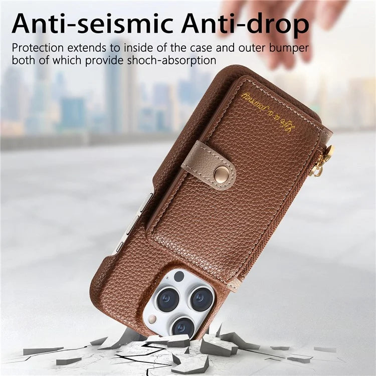 Y4 For iPhone 16 Pro Max Case Zipper Pocket Leather+TPU Phone Cover Card Holder Kickstand
