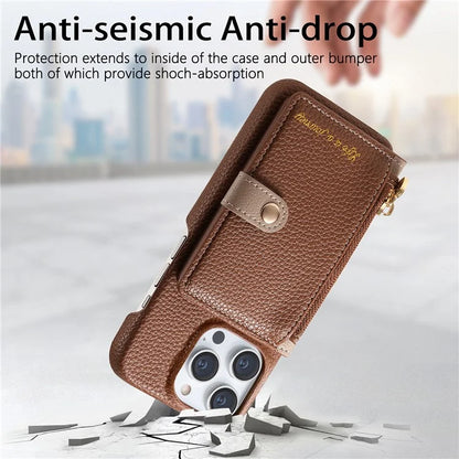 Y4 For iPhone 16 Pro Max Case Zipper Pocket Leather+TPU Phone Cover Card Holder Kickstand