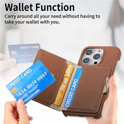 Y4 For iPhone 16 Pro Max Case Zipper Pocket Leather+TPU Phone Cover Card Holder Kickstand