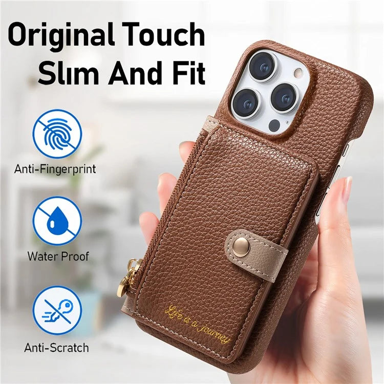 Y4 For iPhone 16 Pro Max Case Zipper Pocket Leather+TPU Phone Cover Card Holder Kickstand