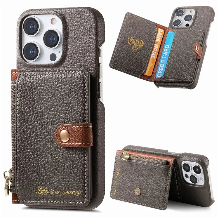 Y4 For iPhone 16 Pro Max Case Zipper Pocket Leather+TPU Phone Cover Card Holder Kickstand