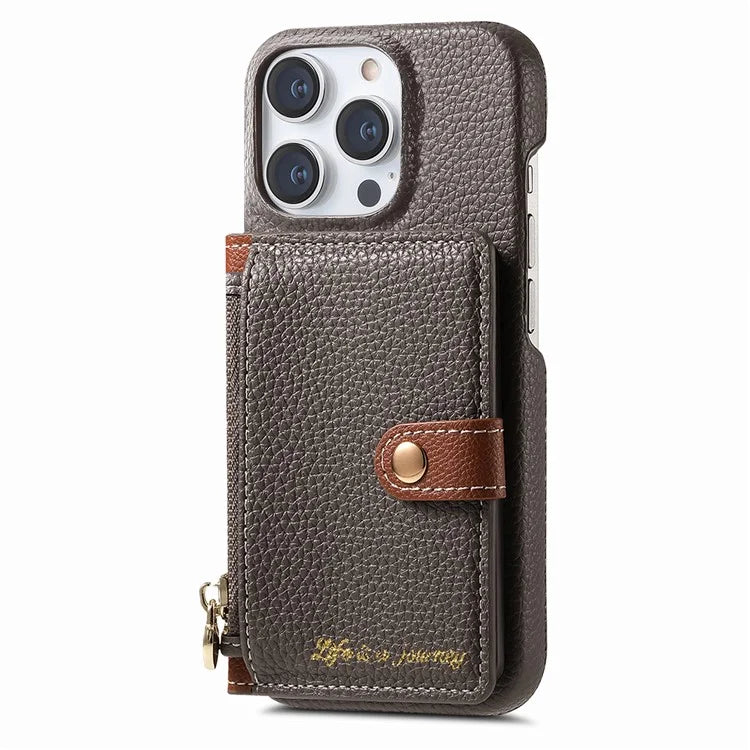 Y4 For iPhone 16 Pro Max Case Zipper Pocket Leather+TPU Phone Cover Card Holder Kickstand