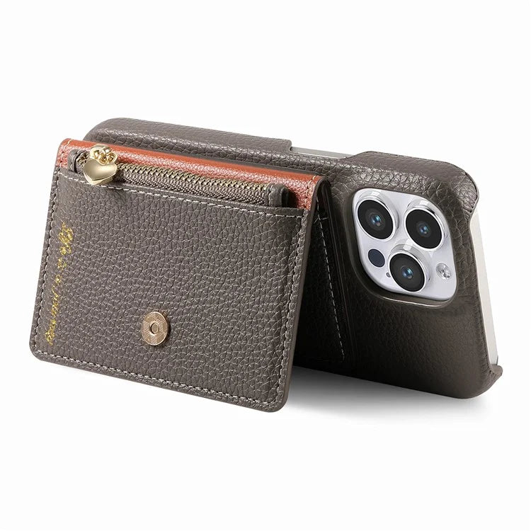 Y4 For iPhone 16 Pro Max Case Zipper Pocket Leather+TPU Phone Cover Card Holder Kickstand