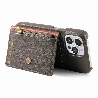 Y4 For iPhone 16 Pro Max Case Zipper Pocket Leather+TPU Phone Cover Card Holder Kickstand