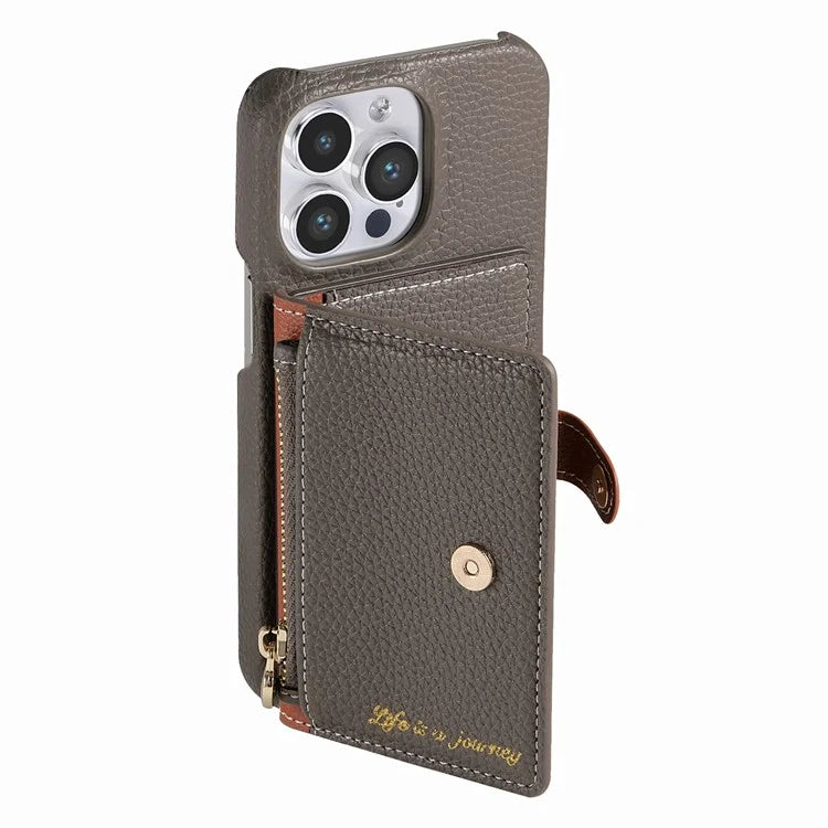 Y4 For iPhone 16 Pro Max Case Zipper Pocket Leather+TPU Phone Cover Card Holder Kickstand