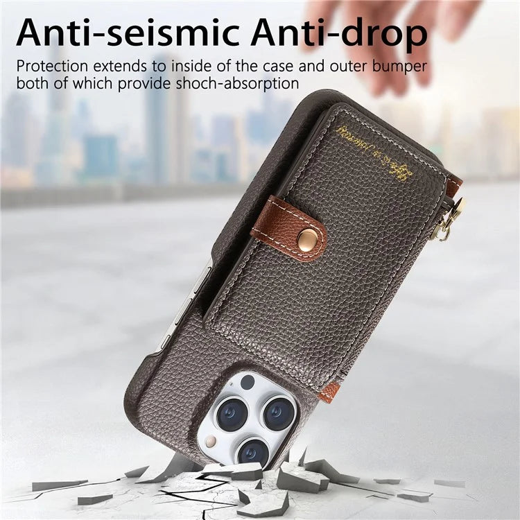 Y4 For iPhone 16 Pro Max Case Zipper Pocket Leather+TPU Phone Cover Card Holder Kickstand