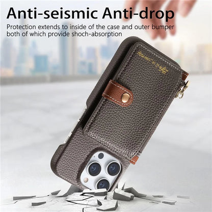 Y4 For iPhone 16 Pro Max Case Zipper Pocket Leather+TPU Phone Cover Card Holder Kickstand