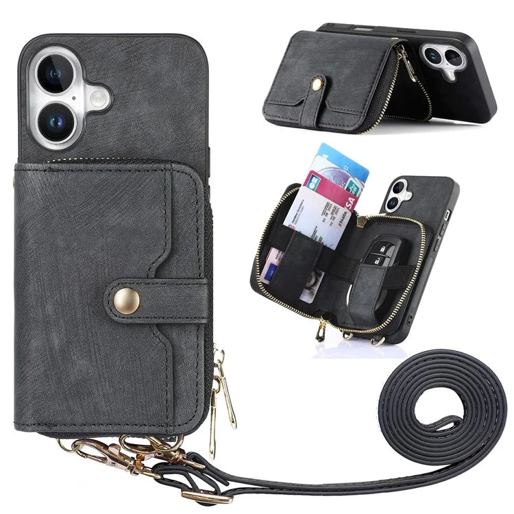 D3 For iPhone 16 Plus Case Zipper Card Holder PU Leather Phone Back Cover with Long Strap