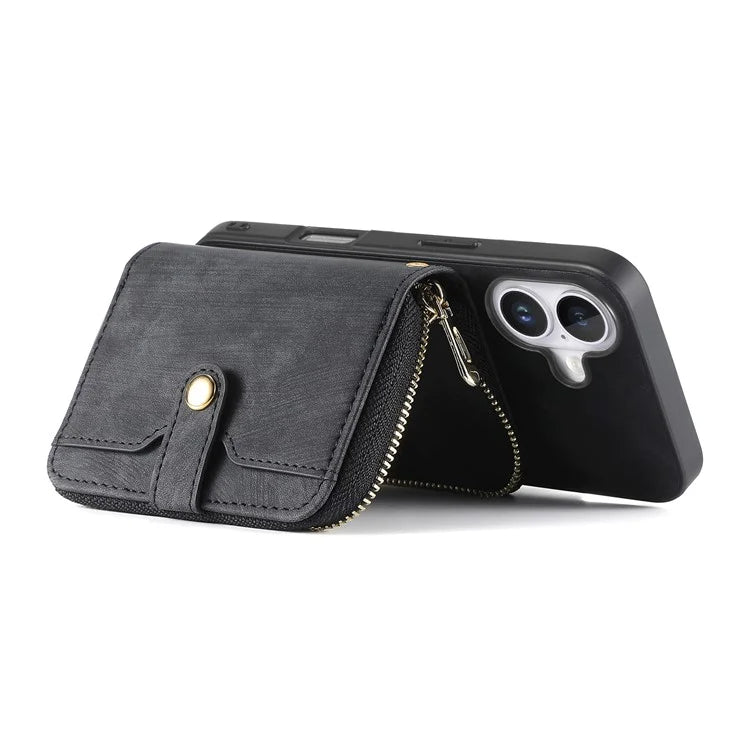 D3 For iPhone 16 Plus Case Zipper Card Holder PU Leather Phone Back Cover with Long Strap
