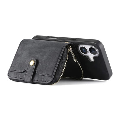 D3 For iPhone 16 Plus Case Zipper Card Holder PU Leather Phone Back Cover with Long Strap