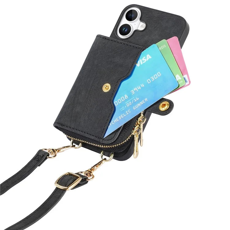 D3 For iPhone 16 Plus Case Zipper Card Holder PU Leather Phone Back Cover with Long Strap