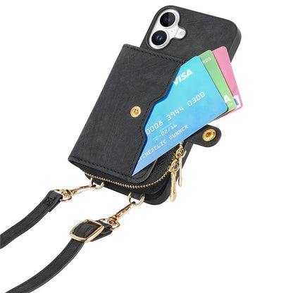 D3 For iPhone 16 Plus Case Zipper Card Holder PU Leather Phone Back Cover with Long Strap