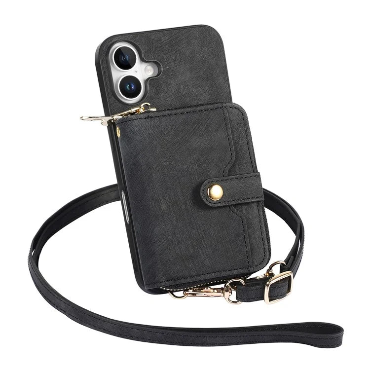 D3 For iPhone 16 Plus Case Zipper Card Holder PU Leather Phone Back Cover with Long Strap
