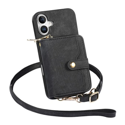 D3 For iPhone 16 Plus Case Zipper Card Holder PU Leather Phone Back Cover with Long Strap