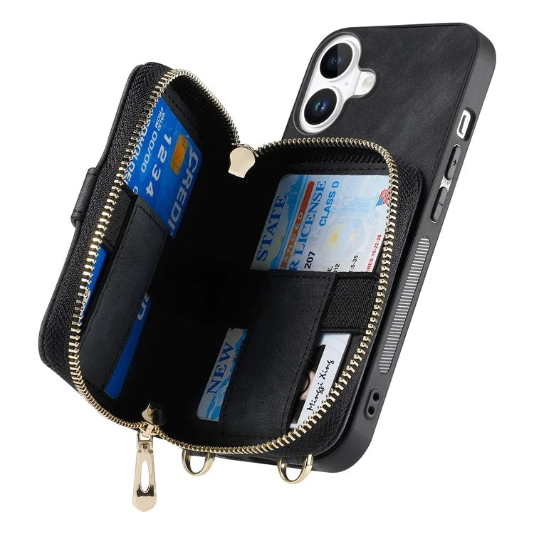 D3 For iPhone 16 Plus Case Zipper Card Holder PU Leather Phone Back Cover with Long Strap