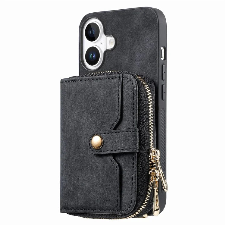 D3 For iPhone 16 Plus Case Zipper Card Holder PU Leather Phone Back Cover with Long Strap
