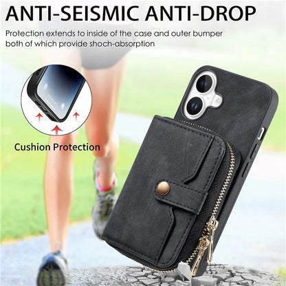 D3 For iPhone 16 Plus Case Zipper Card Holder PU Leather Phone Back Cover with Long Strap