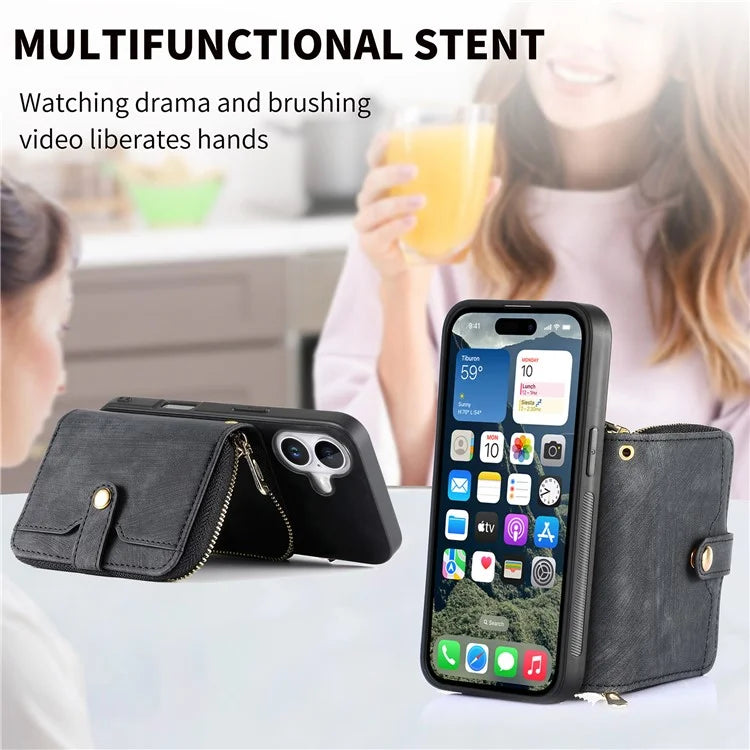 D3 For iPhone 16 Plus Case Zipper Card Holder PU Leather Phone Back Cover with Long Strap