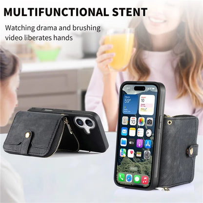 D3 For iPhone 16 Plus Case Zipper Card Holder PU Leather Phone Back Cover with Long Strap